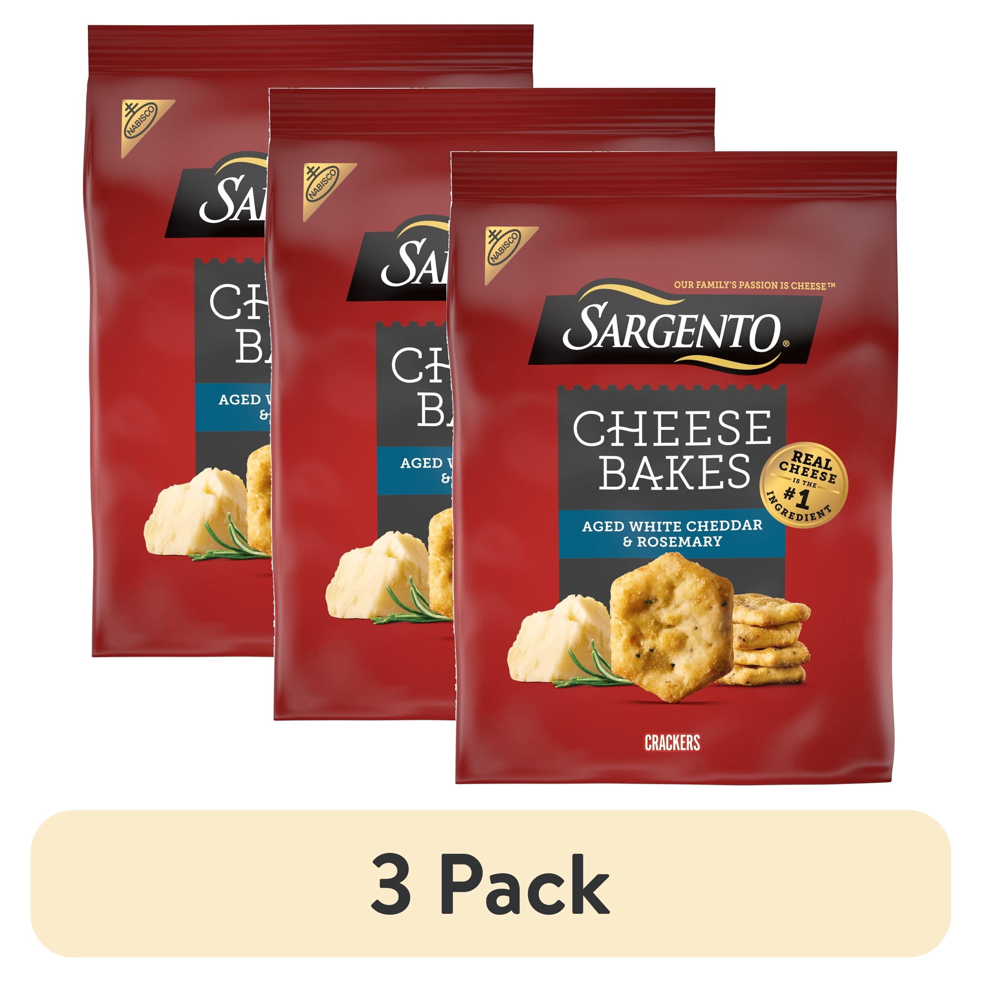 (3 pack) Sargento® Cheese Bakes Aged White Cheddar & Rosemary Crackers, Cheese Crackers, Lunch Snacks, 4.5 oz