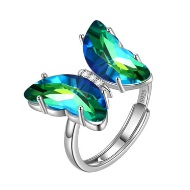 Green Butterfly Ring Emerald May Birthstone Rings Adjustable Crystal Jewelry 925 Sterling Silver Women Birthday Mother's Day Gifts Juwaliy