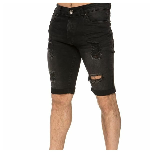 Men's Geometric Black Low-Rise Denim Shorts
