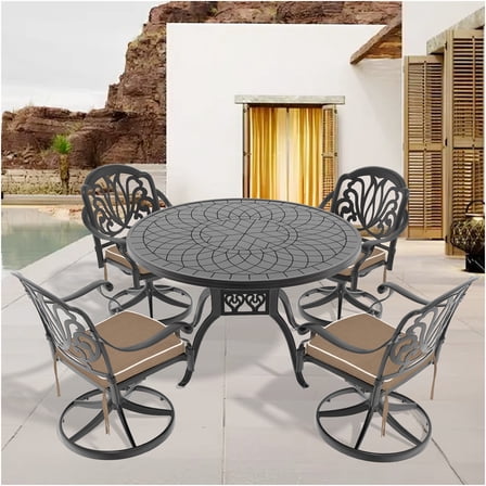 JERFIT 5-Piece Outdoor Patio Dining Set with 47 inch Round Table and 4 Swivel Chairs, All-Weather Cast Aluminum Furniture Set in Black