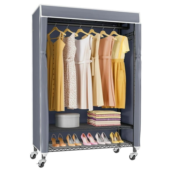 R1C Rolling Clothes Rack with Cover Portable Closet for Hanging Clothes, Heavy Duty Garment Rack Freestanding Clothing Racks with Wheels& Hanging Rod, Black Closet Racks with Grey Cover