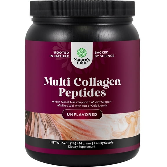 Natures Craft Multi Collagen Peptides, Hydrolyzed Protein Powder for Skin and Bone Joint Support, 1 lb