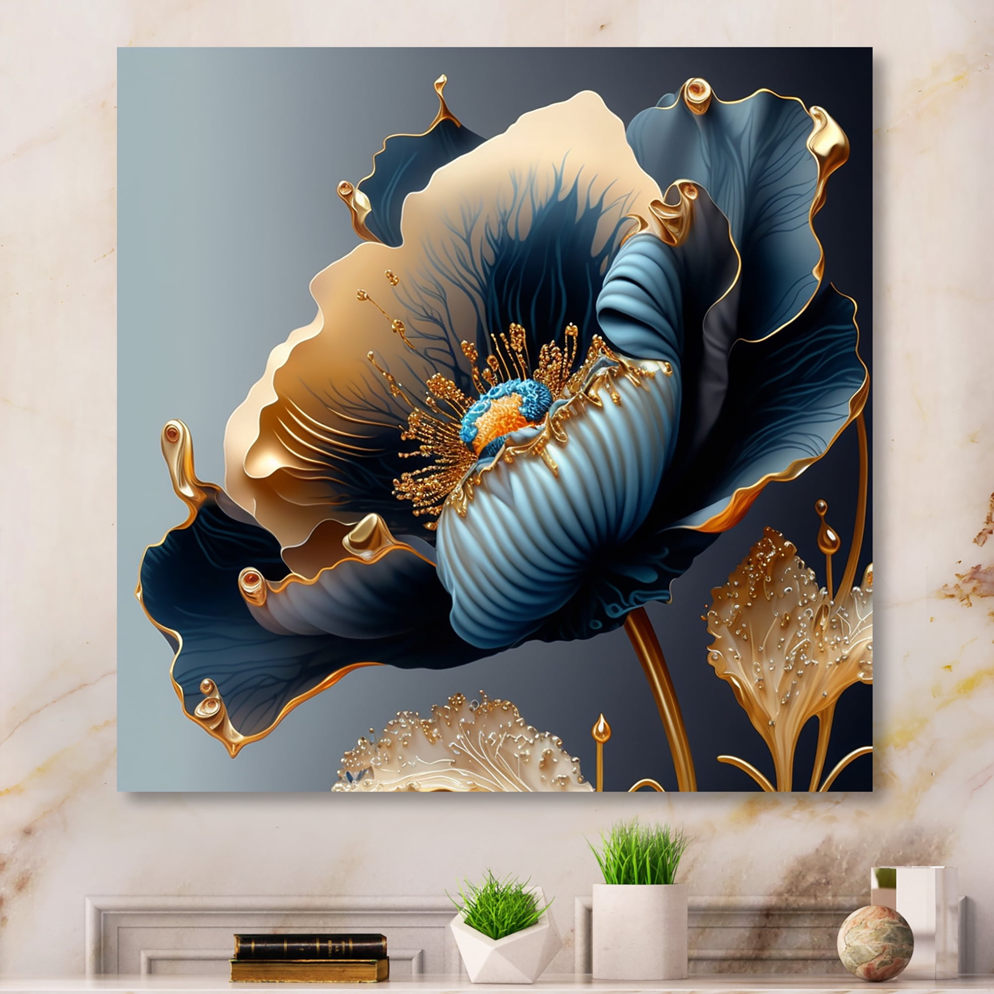 Designart Deep Blue And Gold Single Flower III Canvas Wall Art