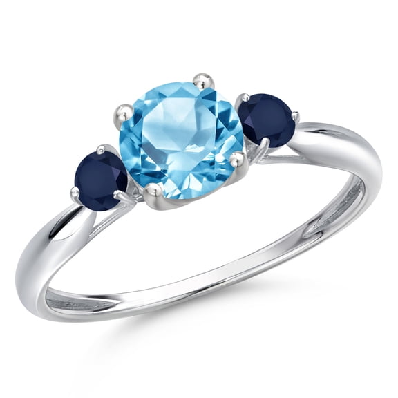 Gem Stone King 10K White Gold Swiss Blue Topaz and Blue Sapphire 3-Stone Ring for Women | 1.30 Cttw | Round 6MM | Gemstone November Birthstone | Size 8