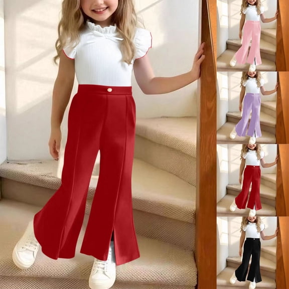 HAOTAGS 2-Piece Set for Girls,Comfortable Stylish Ruffle Cap-Sleeve Top Chic Solid Split-Flare Pants Fashion Causal 2PC Clothes Wine 7-8 T