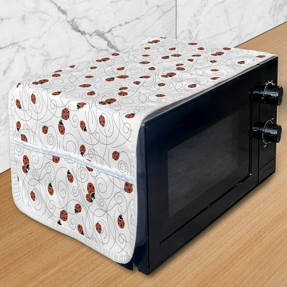 Ladybug Microwave Oven Cover, Bugs Drawing Curved Spiral Circles Romantic Cycle Ladybird Animals Cartoon, Water Resistant Organizer with Pockets for Kitchen, 36" x 12", Red White Black, by Ambesonne