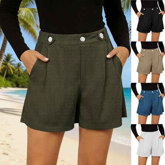 CFLVAEK Corduroy Shorts for Women Summer Casual Wide Leg Beach Vacation Shorts Comfy High Waisted Button Shorts with Pockets Army Green L