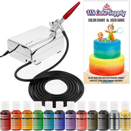 U.S. Cake Supply Complete Cake Decorating Airbrush Kit w/ 12 Vivid Airbrush Food Colors Decorate Cakes, Cupcakes (Best Airbrush Kit For Cakes)