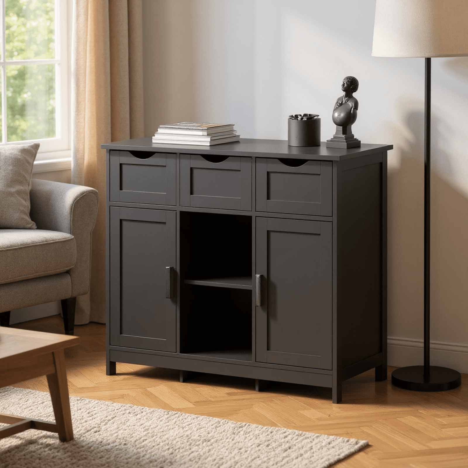 Homy Casa Storage Cabinet with 2 Doors and 3 Drawers, Adjustable Shelves, Sideboard for Kitchen, Entryway