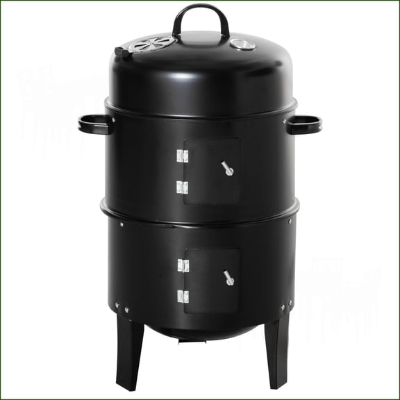 Charcoal BBQ Smoker 3-in-1 Vertical 16” Round Grill with Dual Cooking & Thermometer for Outdoor Camping Picnic Backyard | Black | Metal