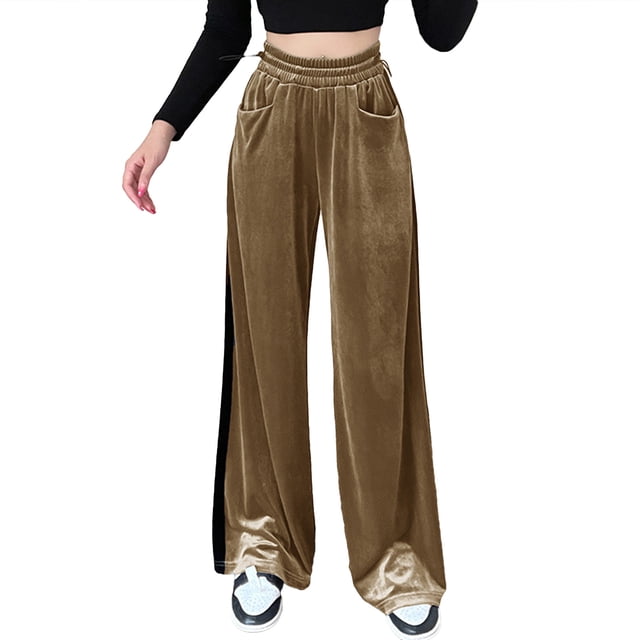 Pantalones De Terciopelo para Mujer Terciopelo Reflectante Pantalones De Trabajo De Pierna Ancha con Cintura Elástica Informales Pantalones Rectos con Bolsillos Marrón Claro S