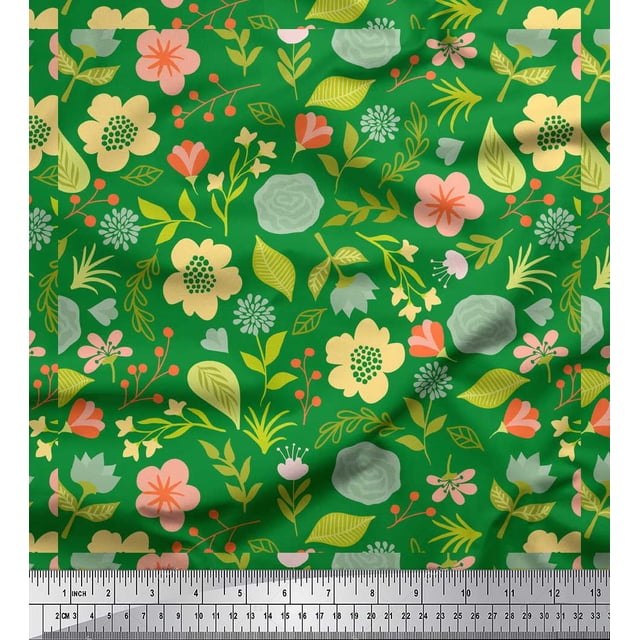Soimoi Green Poly Georgette Fabric Leaf Floral Decor Fabric Printed Yard 52 Inch Wide