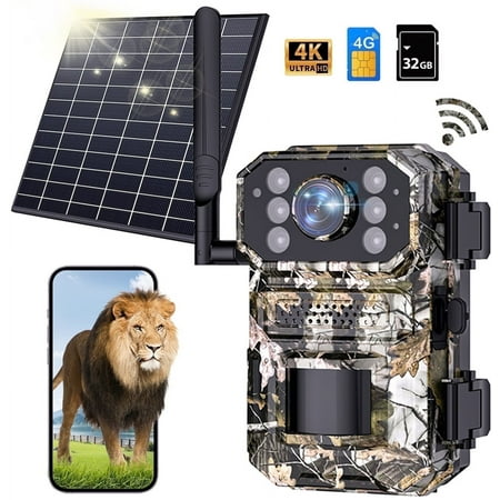 AUOSHI 4G LTE Cellular Trail Camera Wireless 4K Solar Powered Game Camera with Night Vision Motion Activated IP66 Waterproof Hunting Security Camera with SIM Card 120°Wide Angle