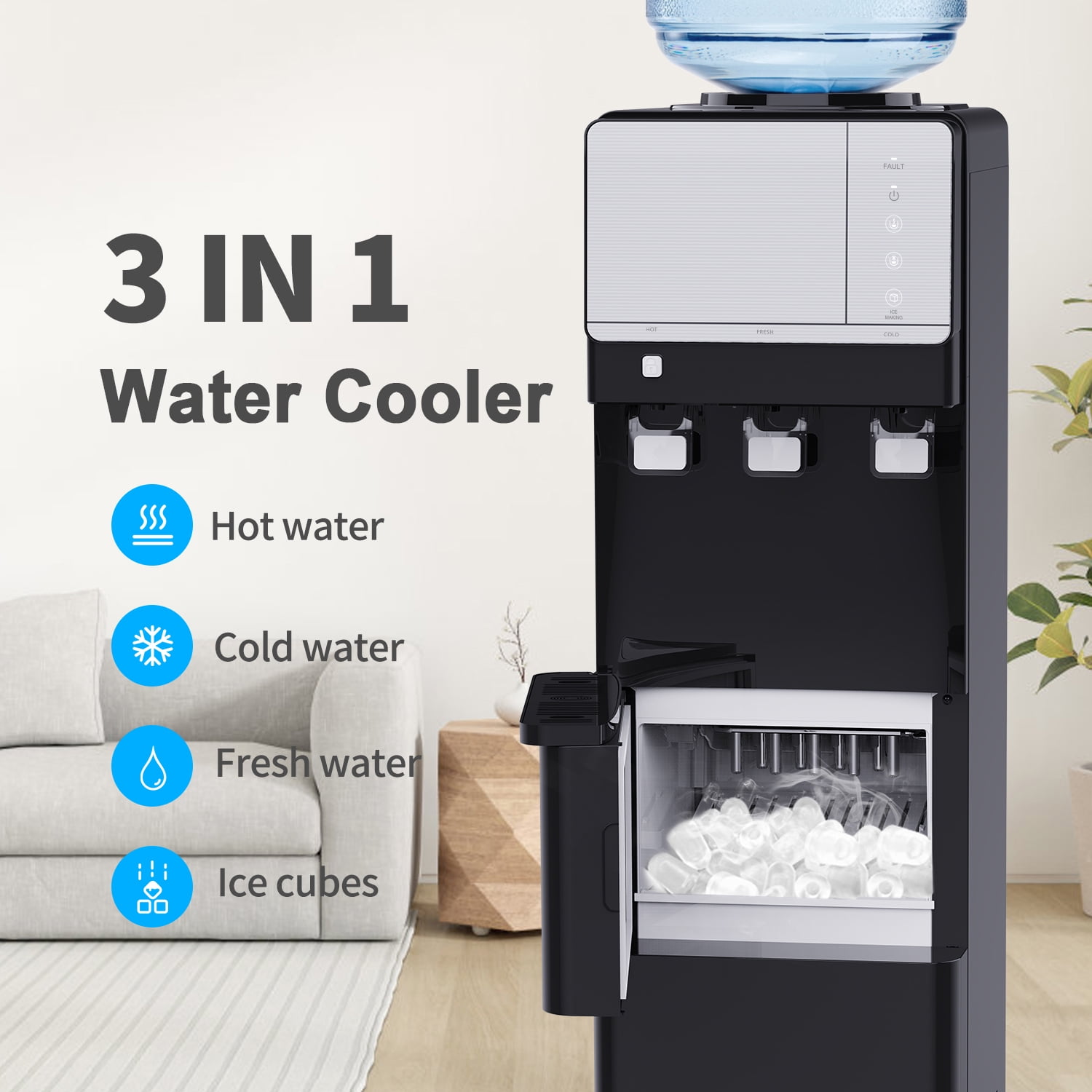 IKT Hot and Cold Water Dispenser with Ice Maker ,5 Gallon Bottle Top Load 27 lbs Daily Capacity with Child Safety Lock Black