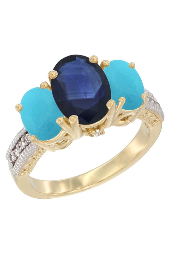 14K Yellow Gold Diamond Natural Blue Sapphire Ring 3-Stone Oval 8x6mm with Turquoise, size 5