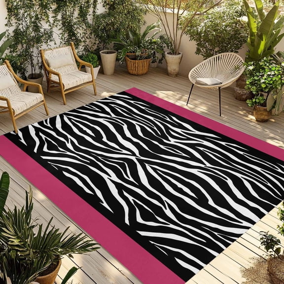 Zebra Printed Outdoor Rug for Patio/Deck/Porch, Non-Slip Large Area Rug 5 x 8 Ft, Modern Geometric Balck White Stripes Indoor Outdoor Rugs Washable Area Rugs, Reversible Camping Rug Carpet Runner