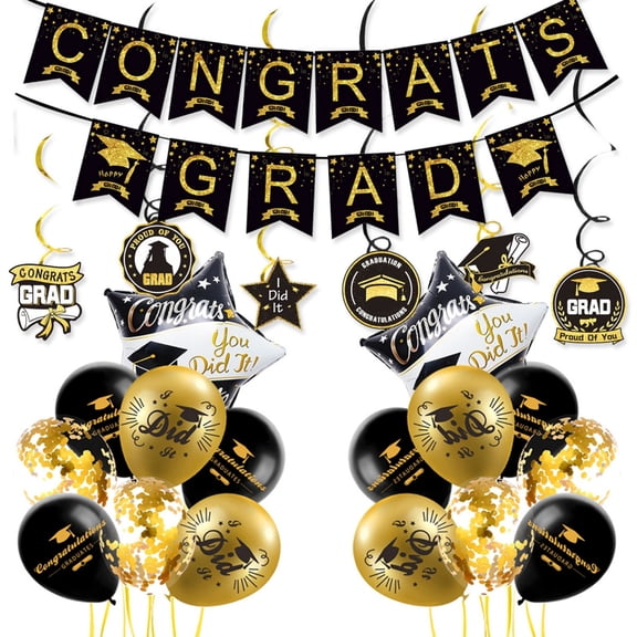 Graduation Decorations Class of 2026, 12Pcs Black and Gold balloons with Swirl and Garland Congrats Grad 2026 Banner for College High School Graduation Party Supplies