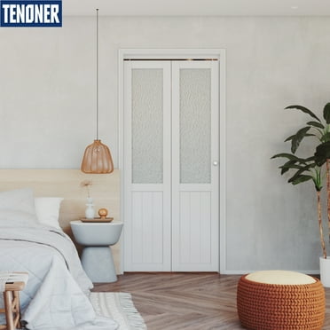 TENONER 30 in x 80 in Aquatex Glass Panel Bi-Fold Interior Door, Water-Proof PVC Covering