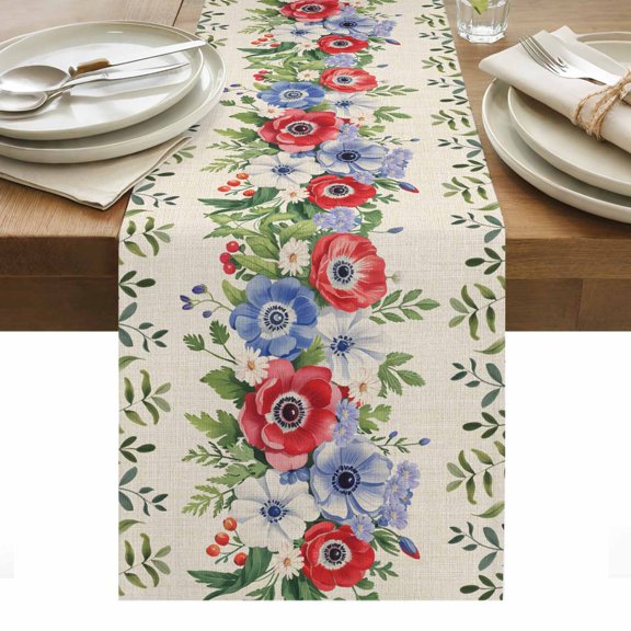 Independence Day Table Runner - 60 Inch Long, Kitchen Dining Table Runner Dresser Scarves, Retro Red Blue Flowers Leaves Plants Farmhouse Decor for Coffee Tables Wedding Party Banquet