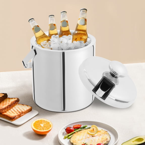 1.3L Stainless Steel Ice Bucket Tongs & Lid Double Walled Insulated Cooler Bar for Parties, Courtyard Parties