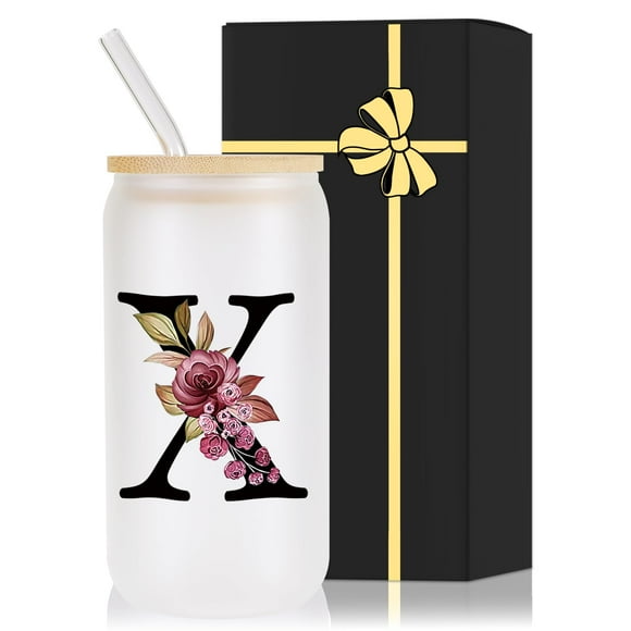 Vaso de vidrio Wulcea con monograma, 480 ml, con tapa y pajita