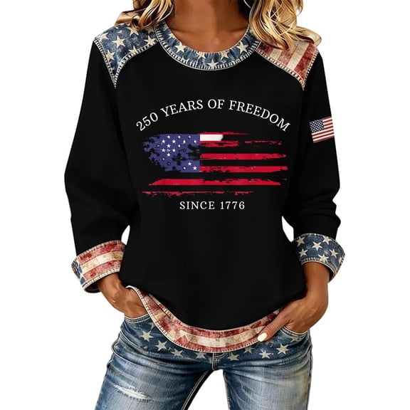 XIAOCHA Women's US Flag Print Sweatshirt Long Sleeve Crew Neck Pullover Top Soft Patriotic Casual Sweatshirts
