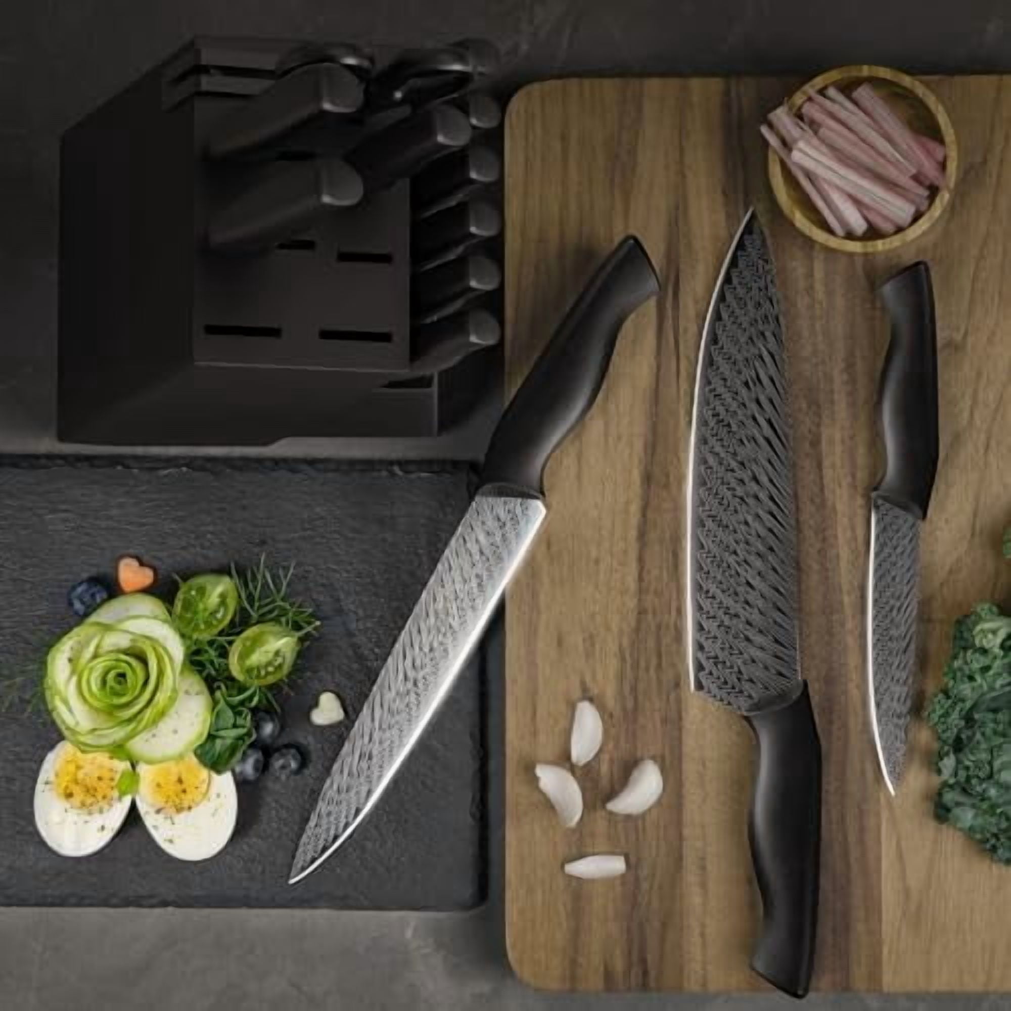 Knife Set, 15 Pieces Kitchen Knife Set with Built in Knife Sharpener, High Carbon German Stainless Steel Knife Block Set, Dishwasher Safe Knives Set, Black
