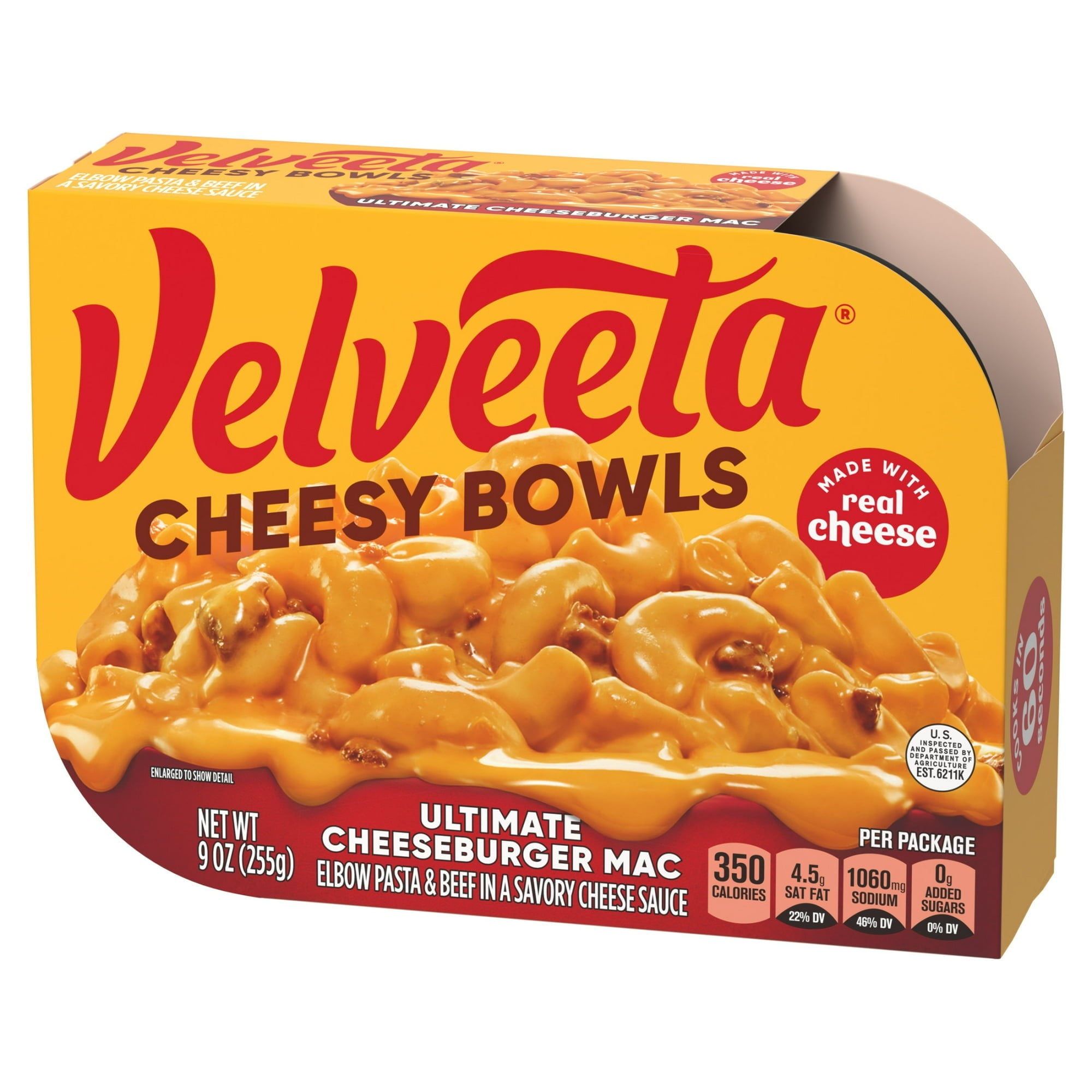 Velveeta Cheesy Bowls Cheeseburger Mac Pasta Meal, 9 oz Trays, 3 Pack, Quick Microwave Dinner in 60 Seconds / 1 Minute
