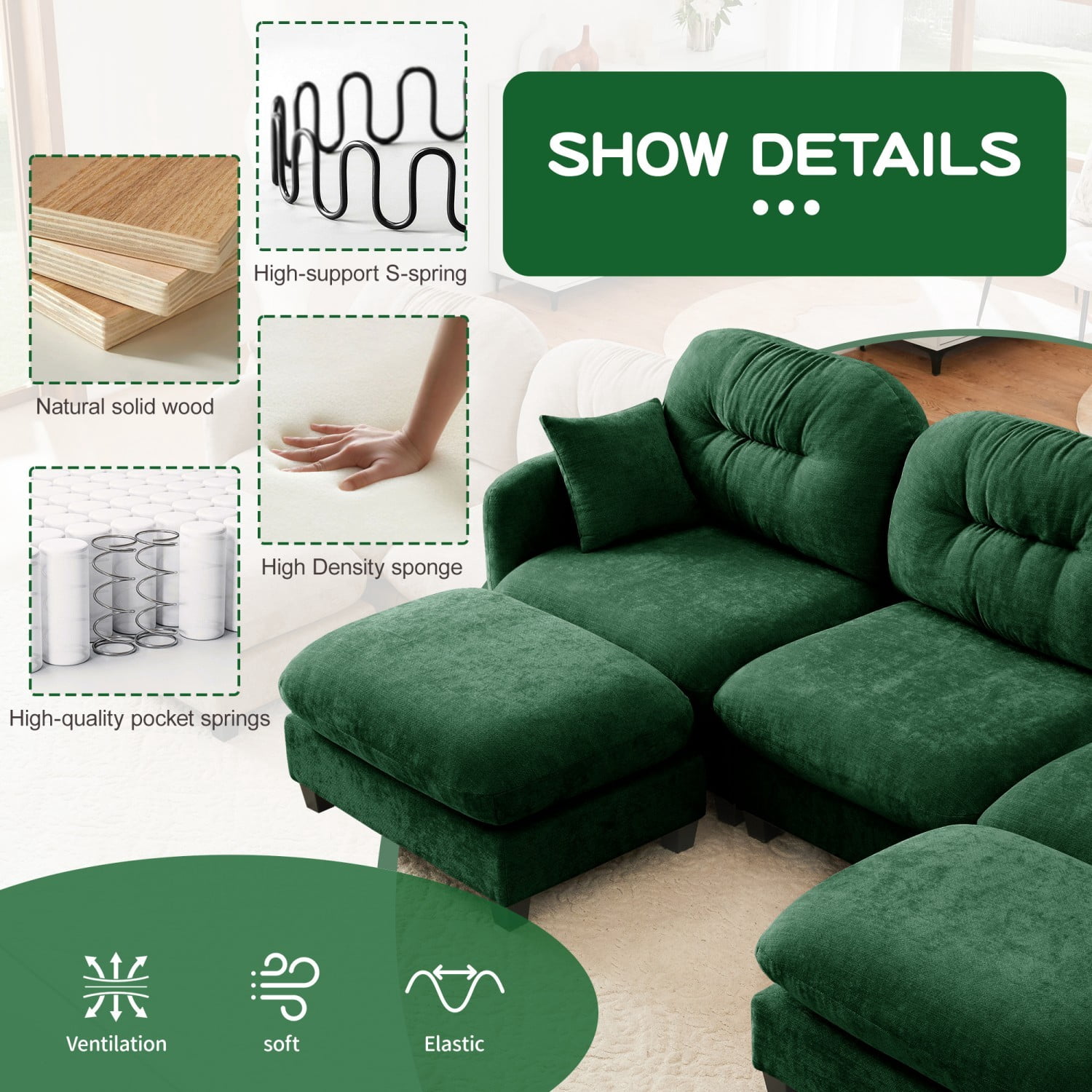Modular Sectional Sofa Cloud Couch Loveseat Chenille Fabric Tufted Sofa Ergonomic 2-Seater Couch with Wooden Base for Living Room, Apartment, Green