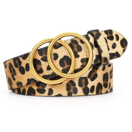 WHIPPY Women Leather Belt with Double Ring Buckle Leopard Belt for Jeans Dresses