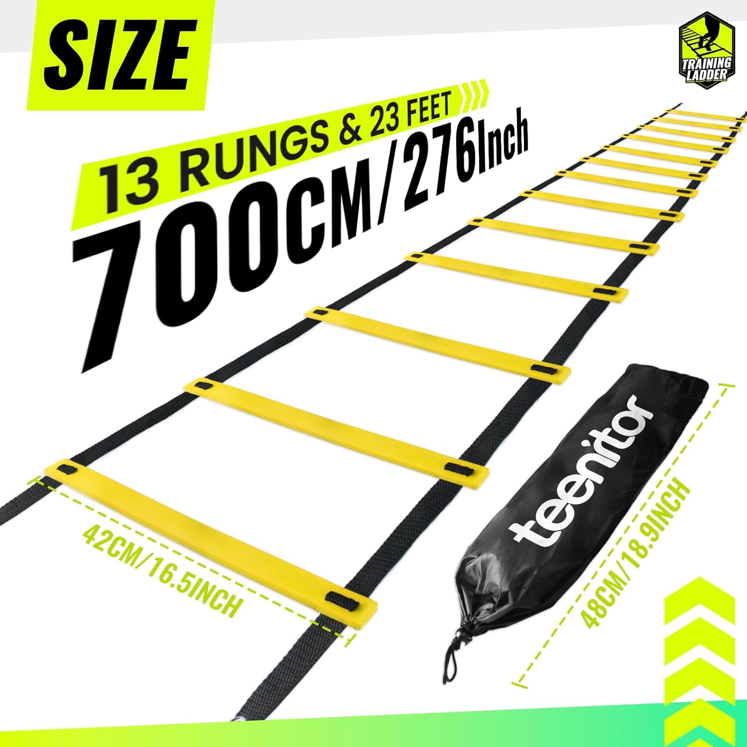 Agility Ladder Speed Ladder Training Ladder for Soccer, Speed, Football Fitness Feet Training Carry Bag Agility Training Equipment 13 rungs, 23 feet ‎Yellow,23 ft