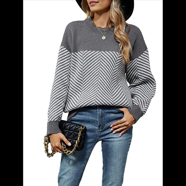 Suéter de Punto A Rayas para Mujer, Cuello Redondo, Larga, Holgado, para Otoño e Invierno. Gris S