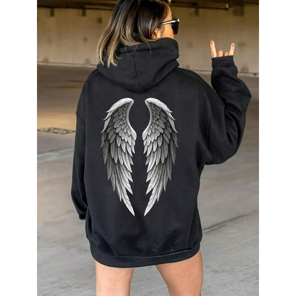 Women's Black Hoodie With Angel Wings Back Print - Elegant Pullover Sweatshirt For Everyday & Formal Outfits - Machine Washable Casual Women's Clothing, Versatile Fashion, Bold Statement Piece