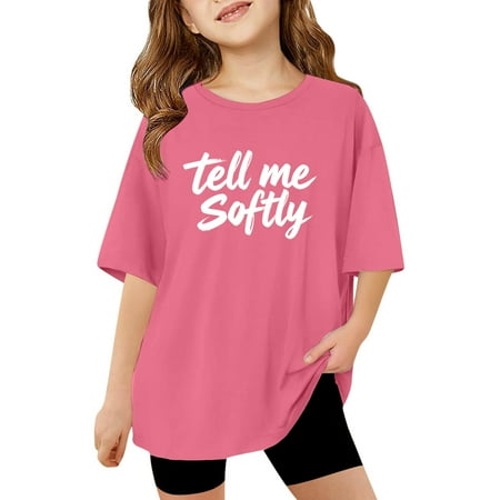 Angala Toddler Girls Tops Short Sleeve Crew Neck Letter Print Summer Classic Fit Lightweight Stretchable Soft Cute Casual Party Child Tops Size 5-6 Years Pink