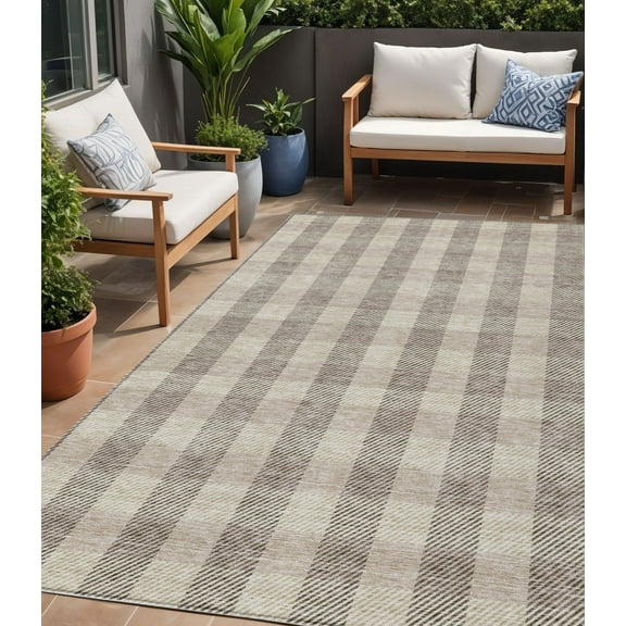 HomeRoots 595458 5 x 8 ft. Beige & Brown Plaid Washable Indoor & Outdoor Rectangle Area Rug