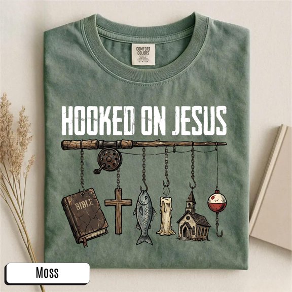 Trenditee Unisex Hooked on Jesus Fishing Graphic Comfort Colors Crew Neck T-Shirt