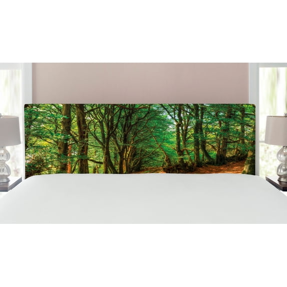 Woodland Headboard, Forest Scene Trees and Pathway Foliage Trunk Greenery Outdoor Picture, Upholstered Decorative Metal Bed Headboard with Memory Foam, King Size, Green Brown, by Ambesonne
