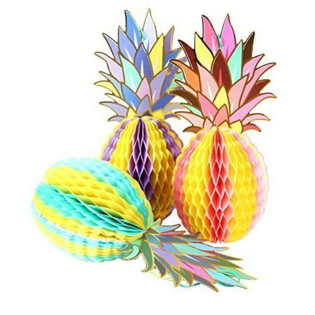 paper jazz paper pineapple honeycomb centerpieces table and hanging decorations for hawaiian luau tiki beach wedding tropical fruit summer party, multicolored (3 pack)