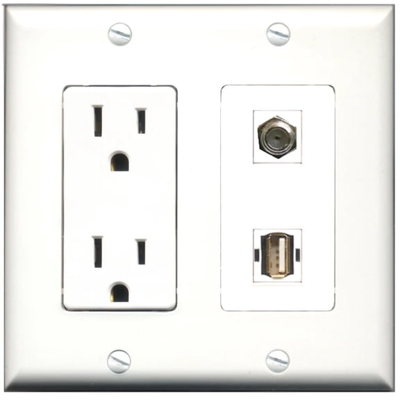 Ultra Spec Cables 15 Amp Power Outlet 1 Port Coax 1 Port USB A-A Wall Plate