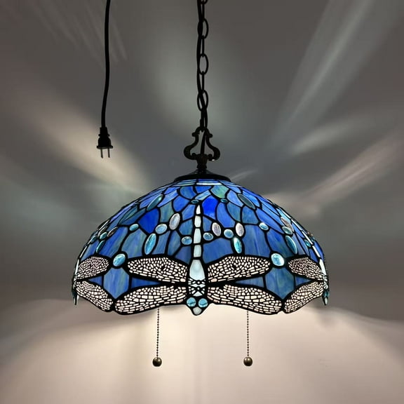 Tiffany Pendant Lights Plug In Blue Stained Glass Dragonfly LED Bulb Included for Dining Room Hotel Restaurant Cafe 16"W*16"D*75"H