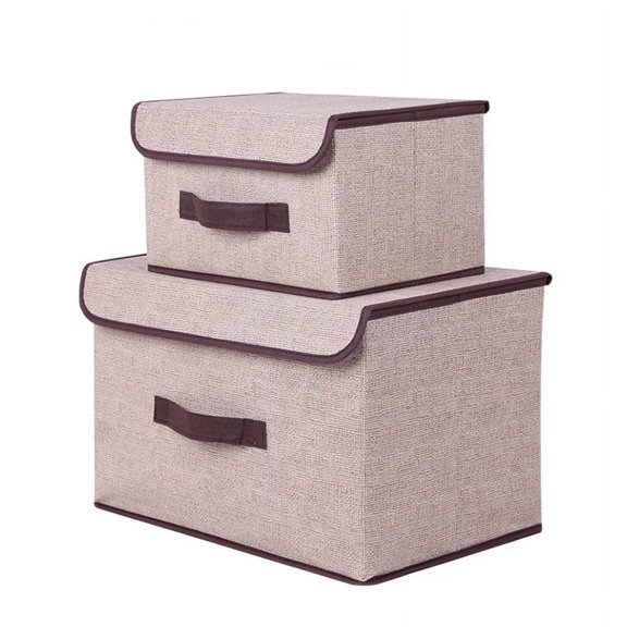 Storage Bins with Lids, Foldable Fabric Closet Organizer Storage Boxes, Divider, Stackable Storage Basket for Shelf, Bedroom, Office, Nursery, Toys, Clothes, Books, Khaki, Large & Small, 2Pack