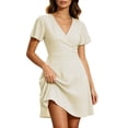 thumbnail image 2 of SOOMLON A Line Dress for Women Plus Size Plaid Wrap Dress Short Sleeve V Neck Mini Dress Boho Vacation Beach Clothes, 2 of 7