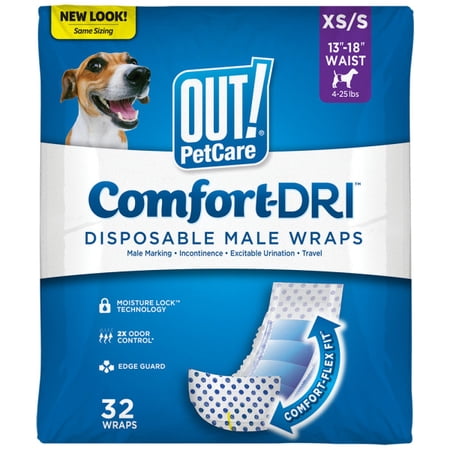 OUT! Pet Care Disposable Male Dog Diapers | Absorbent Male Wraps with Leak Proof Fit | Extra-Small/Small  32 Count