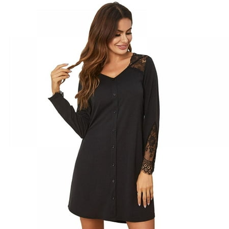 E-Trad Womens Lace Splice 3/4 Sleeves Nightdress Nightshirts Sleepwear ...