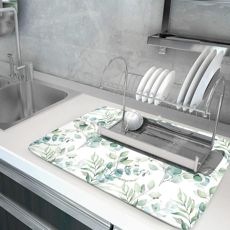 Sage Green Leaves Dish Drying Mats for Kitchen Counter 18x24 Inch