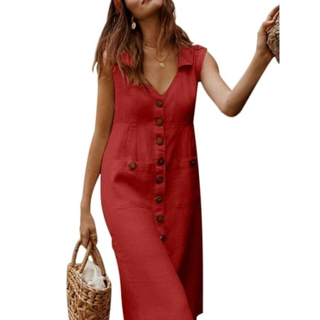 American Apparel Sun Dress Fashion Vintage Dress For Women Casual Simple V-neck Sleeveless Dress Summer Holiday Beach Button Through Ladies Shirt Dress European and American Fashion Clothes Red S ()
