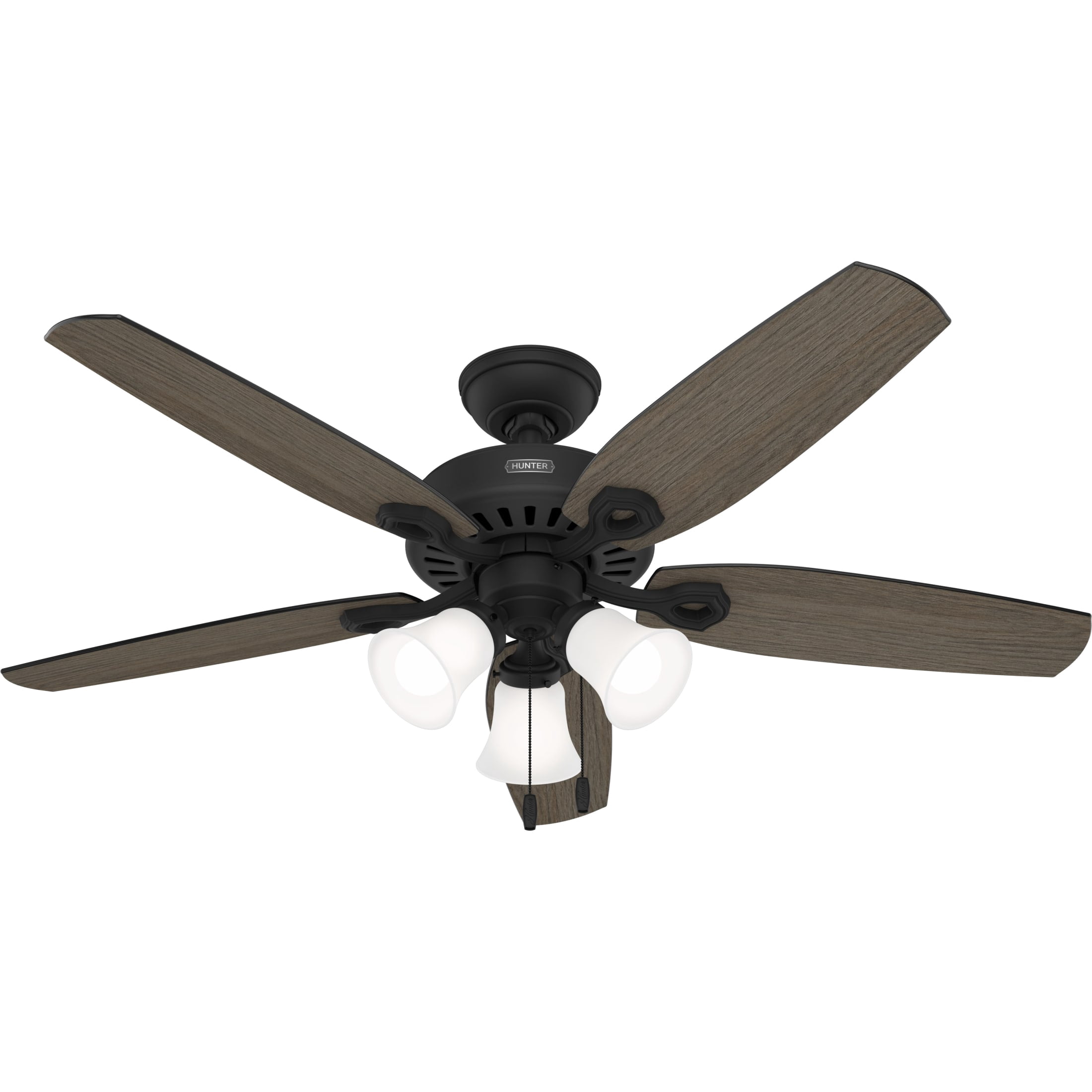 Hunter 52 inch Indoor Ceiling Fan with LED Lights - Black Ceiling Fan with Pull Chain, For Bedroom or Living Room, Standard Mount, No Remote, 5 Blades, Includes Bulbs - Builder 52731, Matte Black