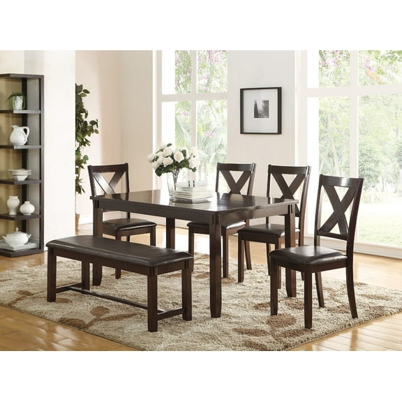 Contemporary Dining Table w 4x Side Chairs 1x Bench Cushion Seat Espresso Finish X-Design Chair Dining Room 6pc Set Rubber wood