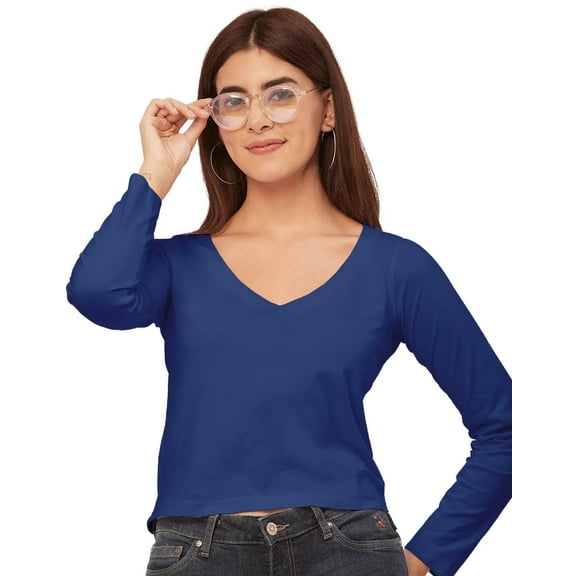 Moomaya Womens Solid Long Sleeves Crop Top, V-Neck Cotton Summer Short Top