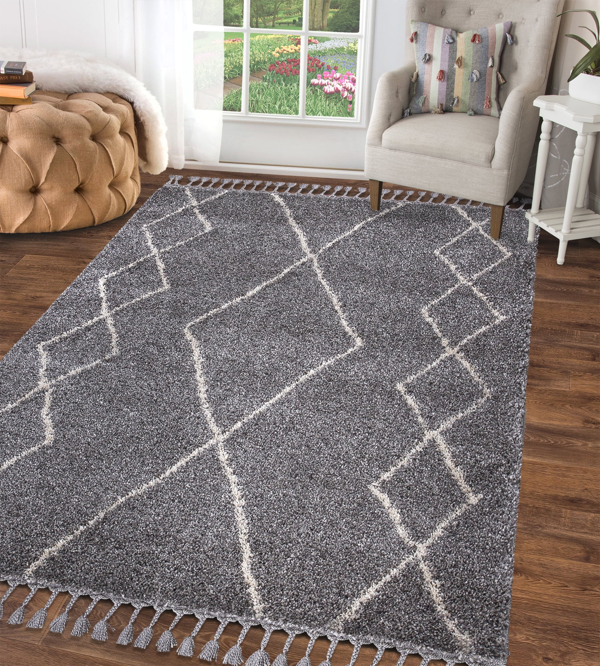 Mainstays Trellis Shag Area Rug with Tassels, 5'3" x 7', Gray